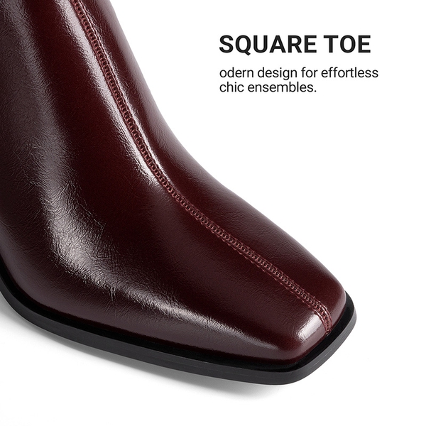 Women's Square Toe Chunky Heel Ankle Boots - BURGUNDY - 6