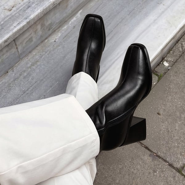 Women's Square Toe Chunky Heel Ankle Boots - BLACK - 2
