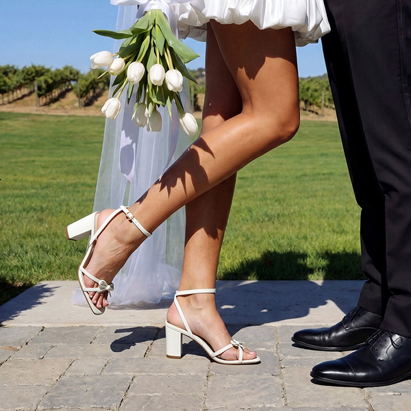 Women's Bow Detail Block Heel Sandals  - WHITE - 2