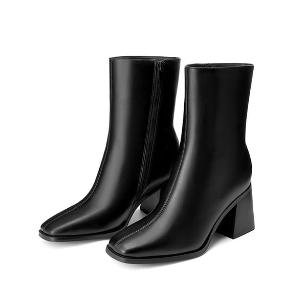 Women's Square Toe Chunky Heel Ankle Boots - BLACK - 3