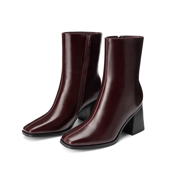 Women's Square Toe Chunky Heel Ankle Boots - BURGUNDY - 3