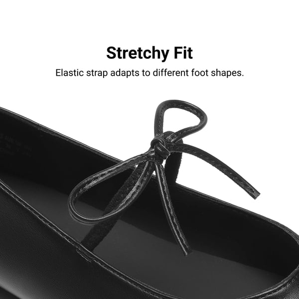 Women's Square Toe Ballet Flats with Elastic Strap & Bow - ALL BLACK - 8
