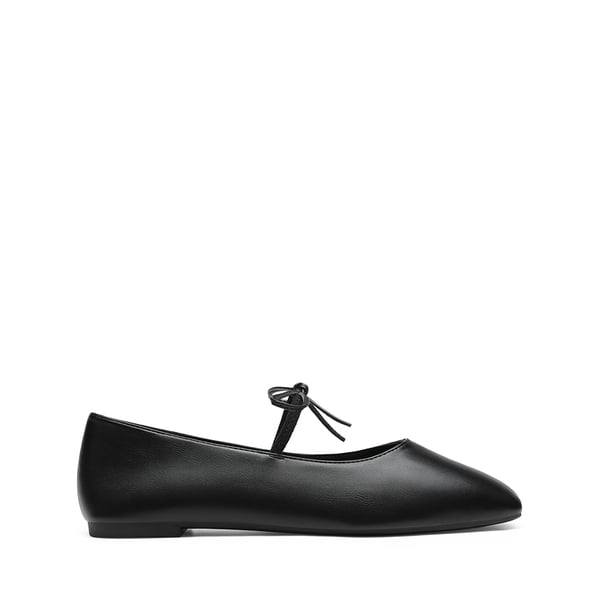 Women's Square Toe Ballet Flats with Elastic Strap & Bow - ALL BLACK - 4