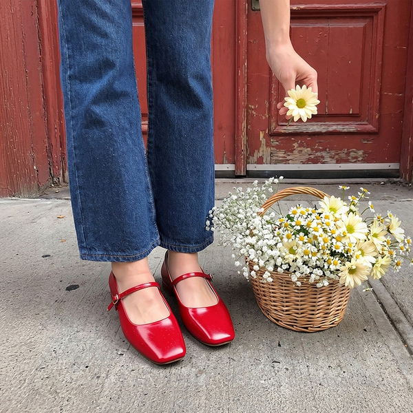 Women's Square-Toe Mary Jane Flats - RED - 2