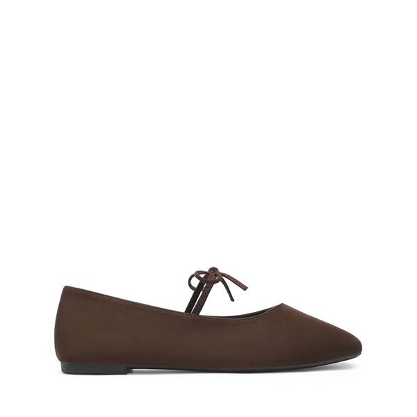 Women's Square Toe Ballet Flats with Elastic Strap & Bow - BROWN - 4