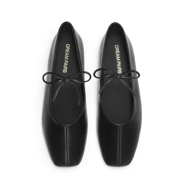 Women's Square Toe Ballet Flats with Elastic Strap & Bow - ALL BLACK - 3