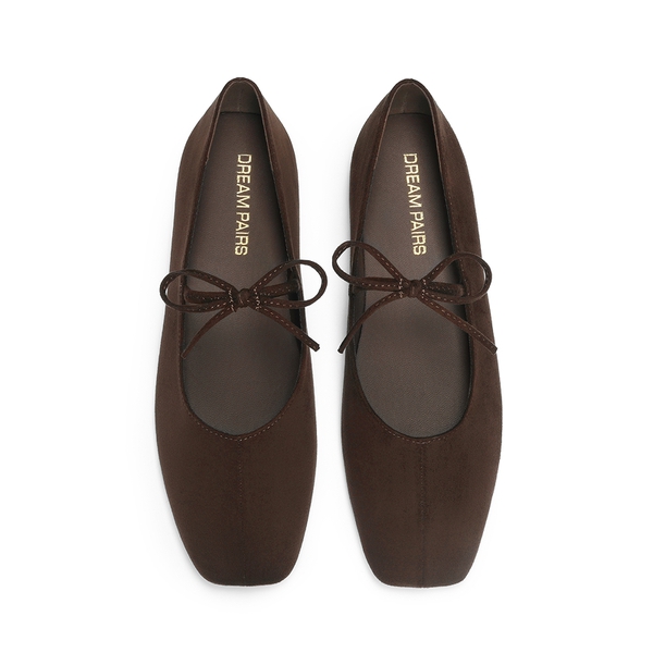 Women's Square Toe Ballet Flats with Elastic Strap & Bow - BROWN - 3