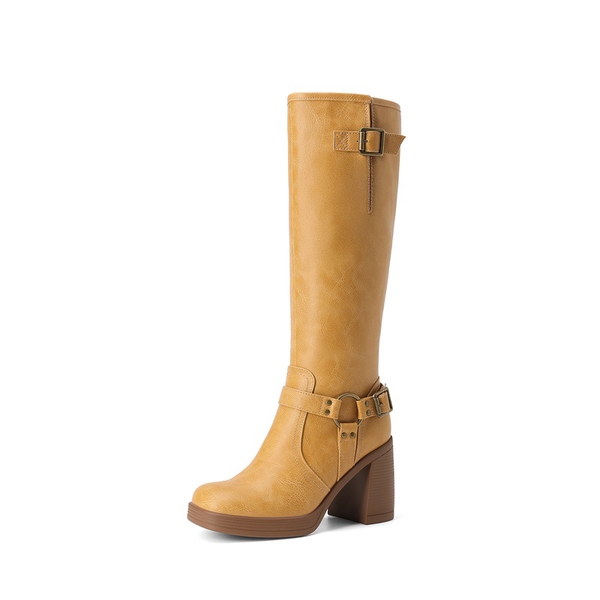 Women's Moto Knee-High Boots with Double Buckle Straps - YELLOW -  0