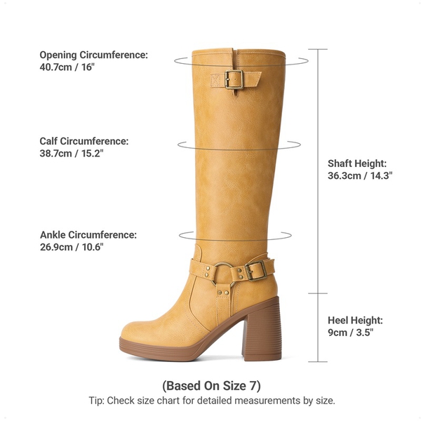 Women's Moto Knee-High Boots with Double Buckle Straps - YELLOW - 3