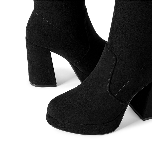 Women's Chunky Platform Block Heel Knee-High Boots - BLACK-SUEDE - 5