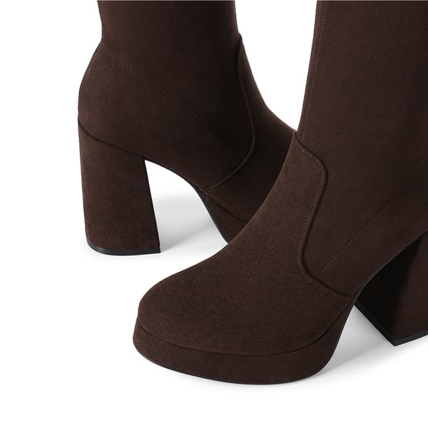 Women's Chunky Platform Block Heel Knee-High Boots - DARK BROWN - 5