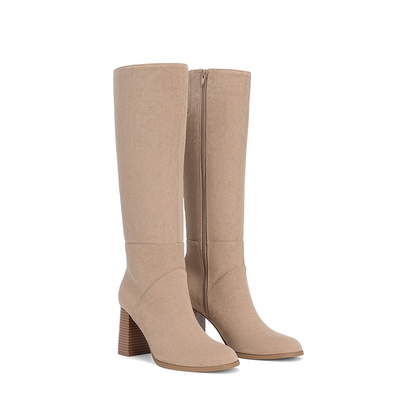 Women's Faux Suede Block Heel Knee-High Boots - APRICOT - 4