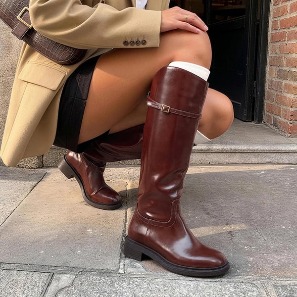 Women's Rounded Square Toe Knee-High Boots - BROWN - 2
