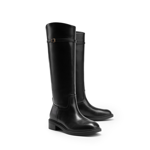 Women's Rounded Square Toe Knee-High Boots - BLACK-PU - 4