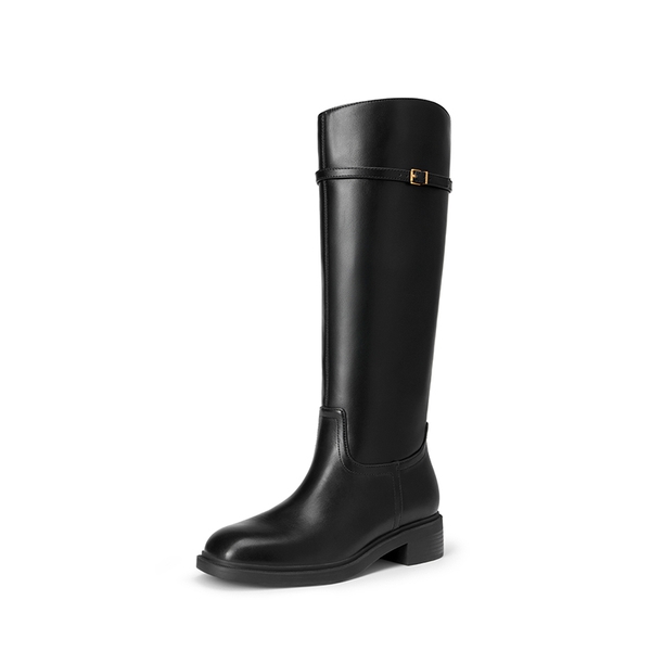 Women's Rounded Square Toe Knee-High Boots - BLACK-PU -  0