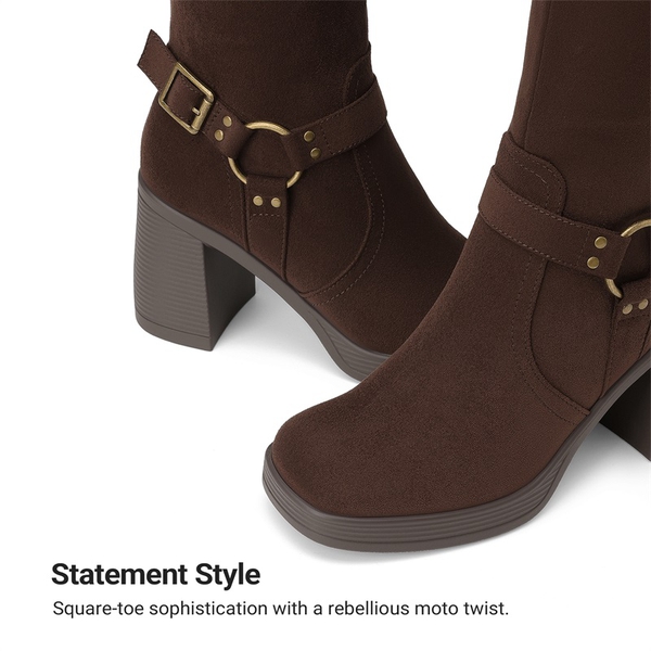 Women's Moto Knee-High Boots with Double Buckle Straps - BROWN-SUEDE - 5