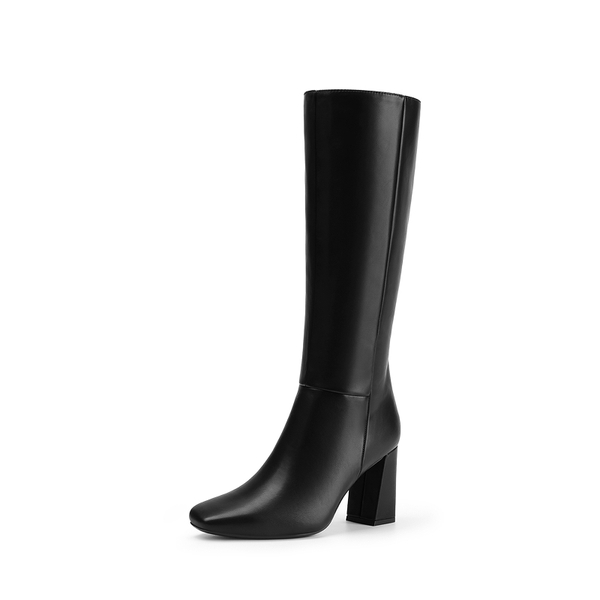 Women's Square Toe Block Heel Knee-High Boots - BLACK-PU -  0