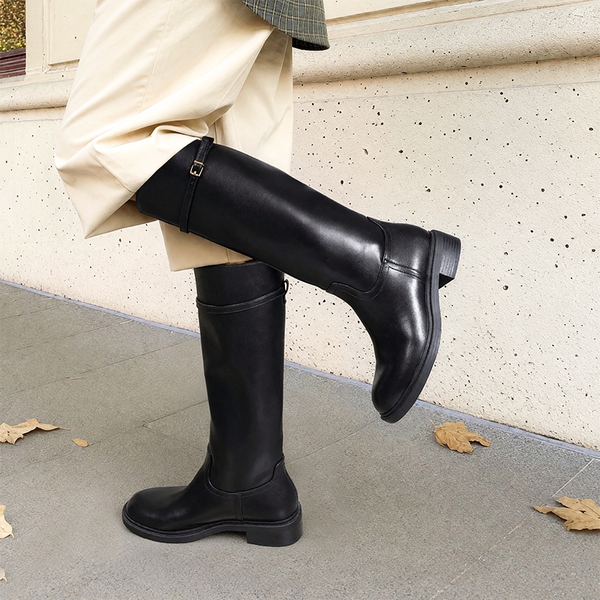 Women's Rounded Square Toe Knee-High Boots - BLACK-PU - 2
