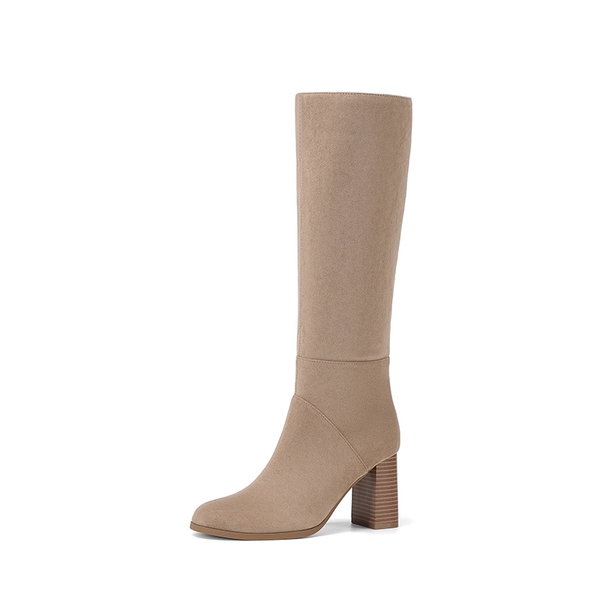 Women's Faux Suede Block Heel Knee-High Boots - APRICOT -  0