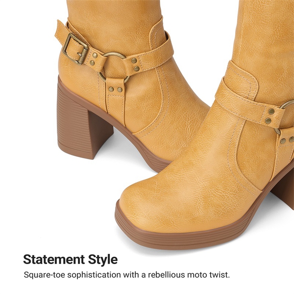 Women's Moto Knee-High Boots with Double Buckle Straps - YELLOW - 5