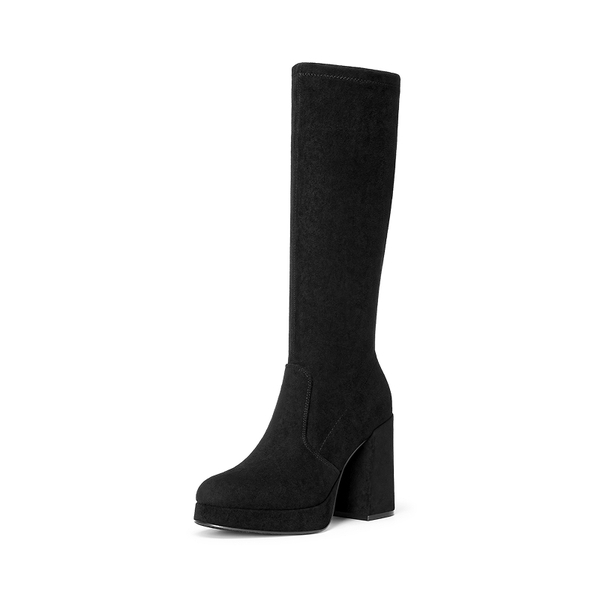 Women's Chunky Platform Block Heel Knee-High Boots - BLACK-SUEDE -  0