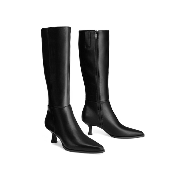Women's Pointy Toe Kitten Heel Knee-High Boots - BLACK-PU - 5