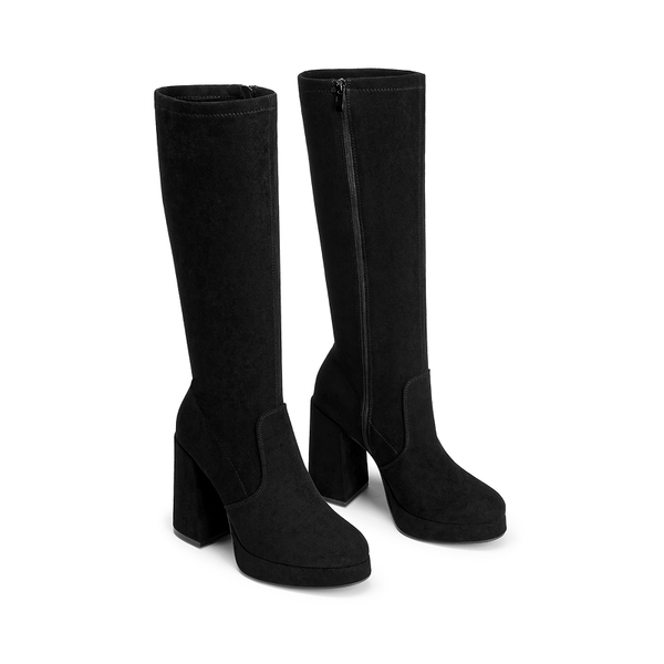 Women's Chunky Platform Block Heel Knee-High Boots - BLACK-SUEDE - 4