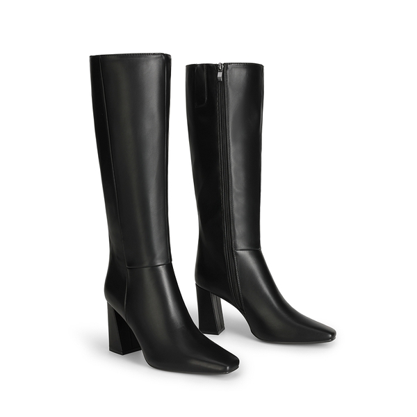 Women's Square Toe Block Heel Knee-High Boots - BLACK-PU - 5