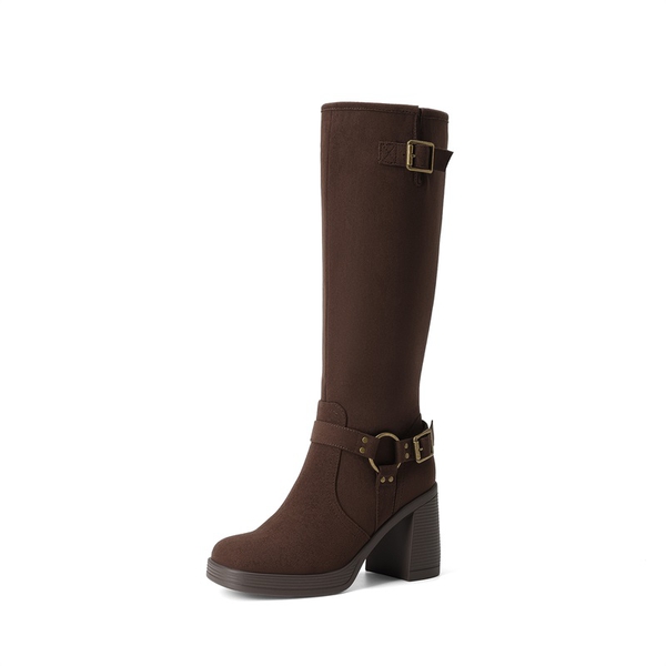 Women's Moto Knee-High Boots with Double Buckle Straps - BROWN-SUEDE -  0