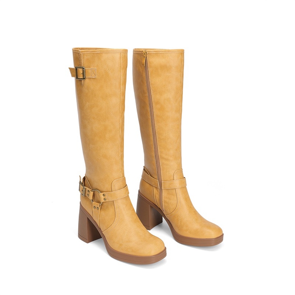 Women's Moto Knee-High Boots with Double Buckle Straps - YELLOW - 4