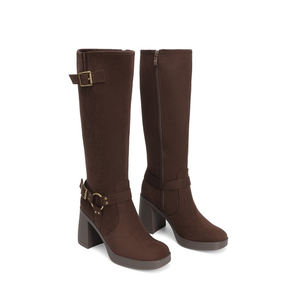 Women's Moto Knee-High Boots with Double Buckle Straps - BROWN-SUEDE - 4