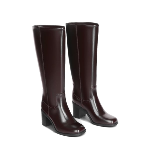 Women's Knee-High Block Heel Boots - BURGUNDY - 4