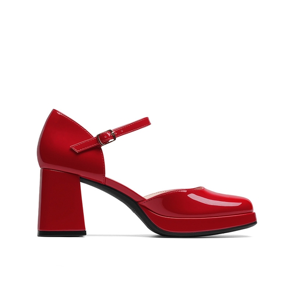 Women's Square Toe Platform Chunky Heels - RED - 3