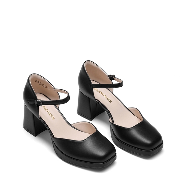 Women's Square Toe Platform Chunky Heels - BLACK-PU - 4