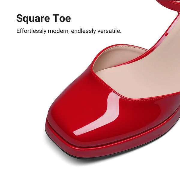 Women's Square Toe Platform Chunky Heels - RED - 6