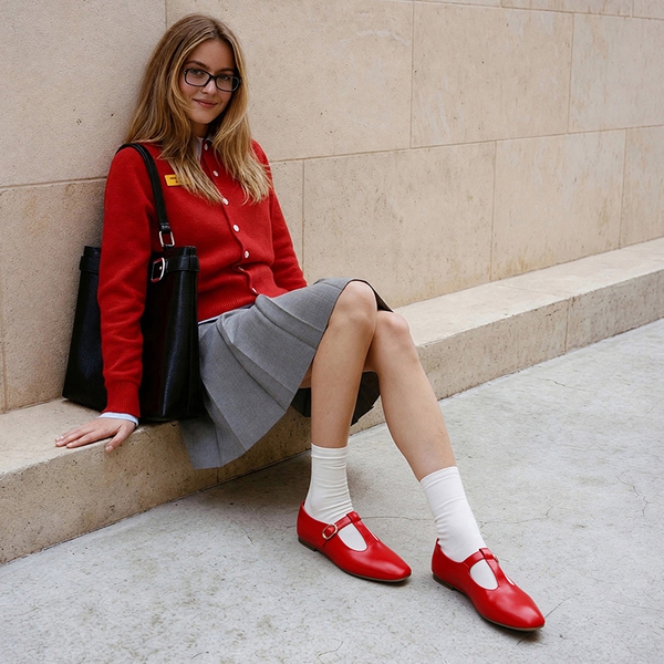 Women's Square Toe T-Strap Mary Jane Flats - RED - 5