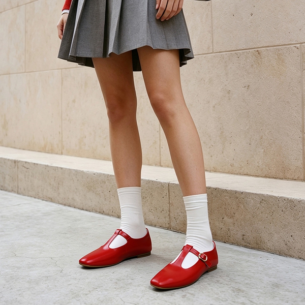 Women's Square Toe T-Strap Mary Jane Flats - RED - 6