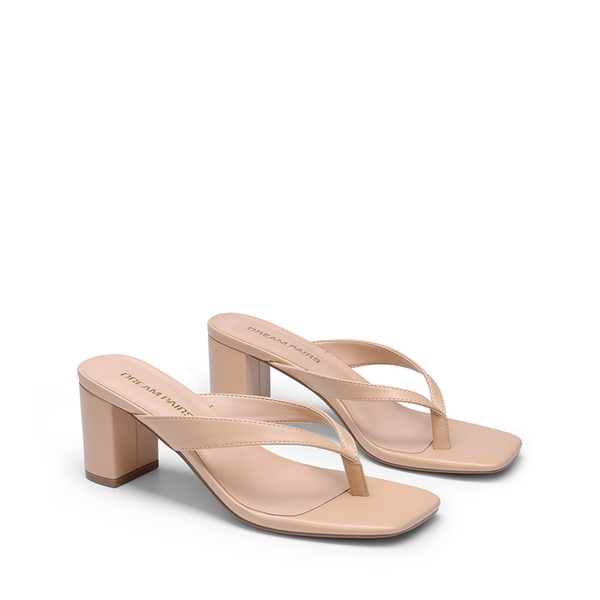 Women's Square Toe Thong Block Heel Sandals - NUDE - 4