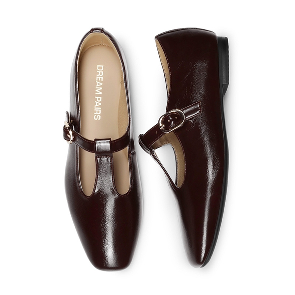 Women's Square Toe T-Strap Mary Jane Flats - BROWN - 2