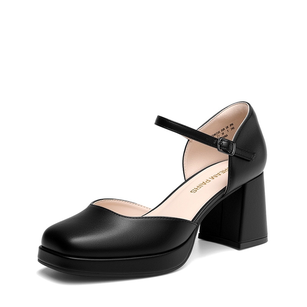 Women's Square Toe Platform Chunky Heels - BLACK-PU -  0