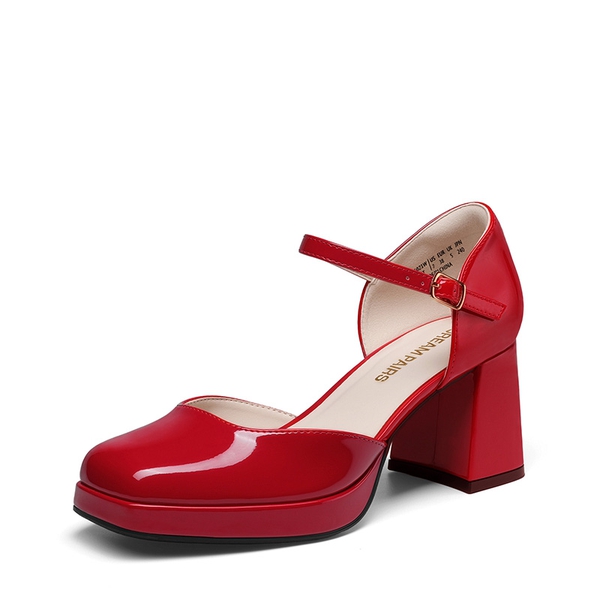 Women's Square Toe Platform Chunky Heels - RED -  0