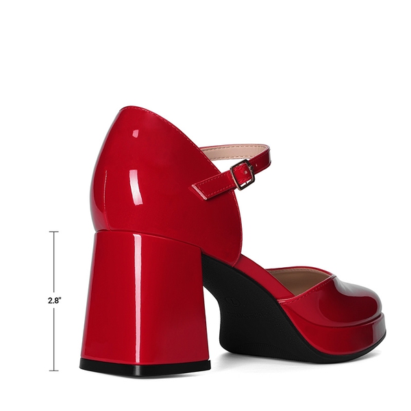 Women's Square Toe Platform Chunky Heels - RED - 5
