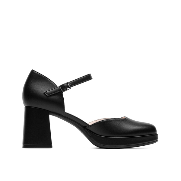 Women's Square Toe Platform Chunky Heels - BLACK-PU - 3