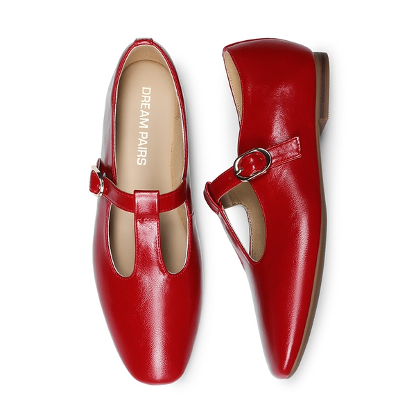 Women's Square Toe T-Strap Mary Jane Flats - RED - 2