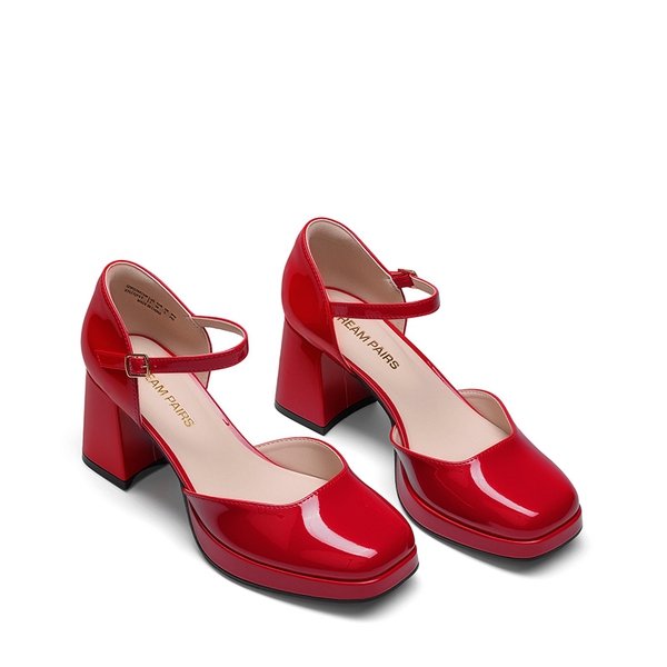 Women's Square Toe Platform Chunky Heels - RED - 4