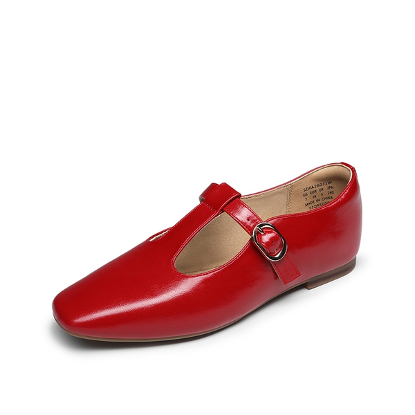 Women's Square Toe T-Strap Mary Jane Flats - RED -  0