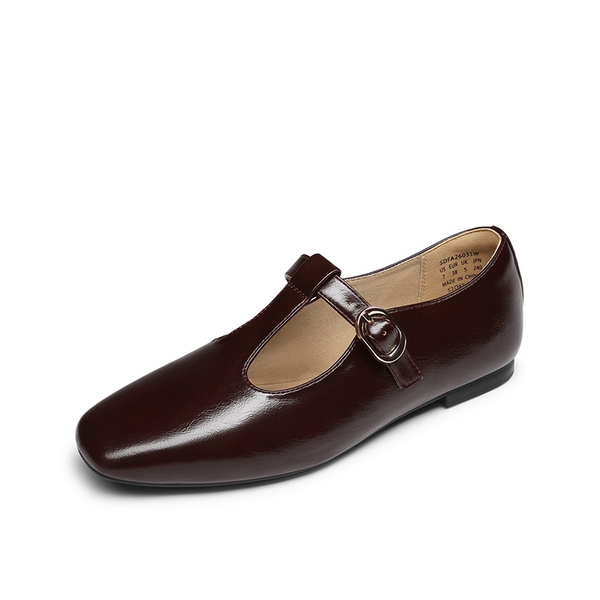 Women's Square Toe T-Strap Mary Jane Flats - BROWN -  0