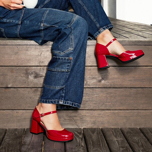 Women's Square Toe Platform Chunky Heels - RED - 2