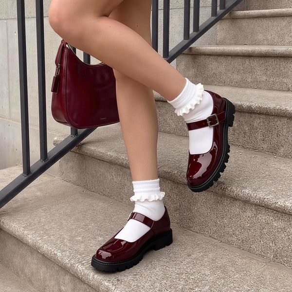 Women's Comfortable Wide Toe Box Platform Mary Janes - BURGUNDY - 2