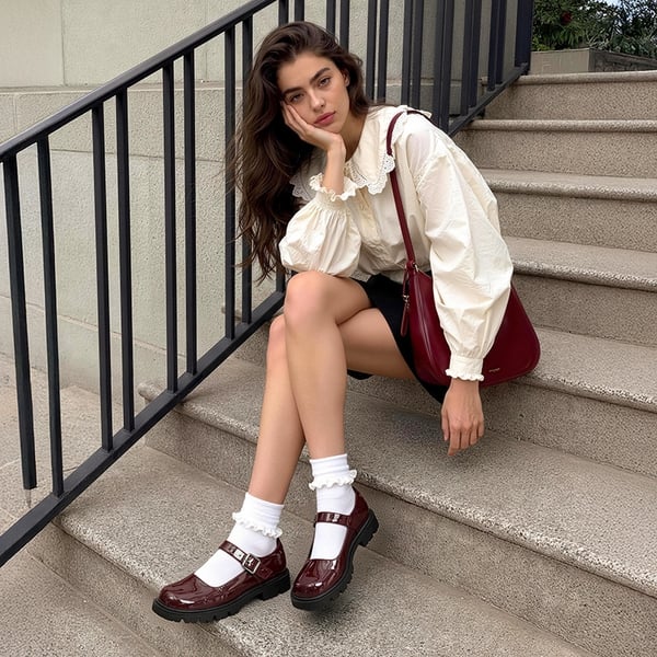 Women's Comfortable Wide Toe Box Platform Mary Janes - BURGUNDY - 1